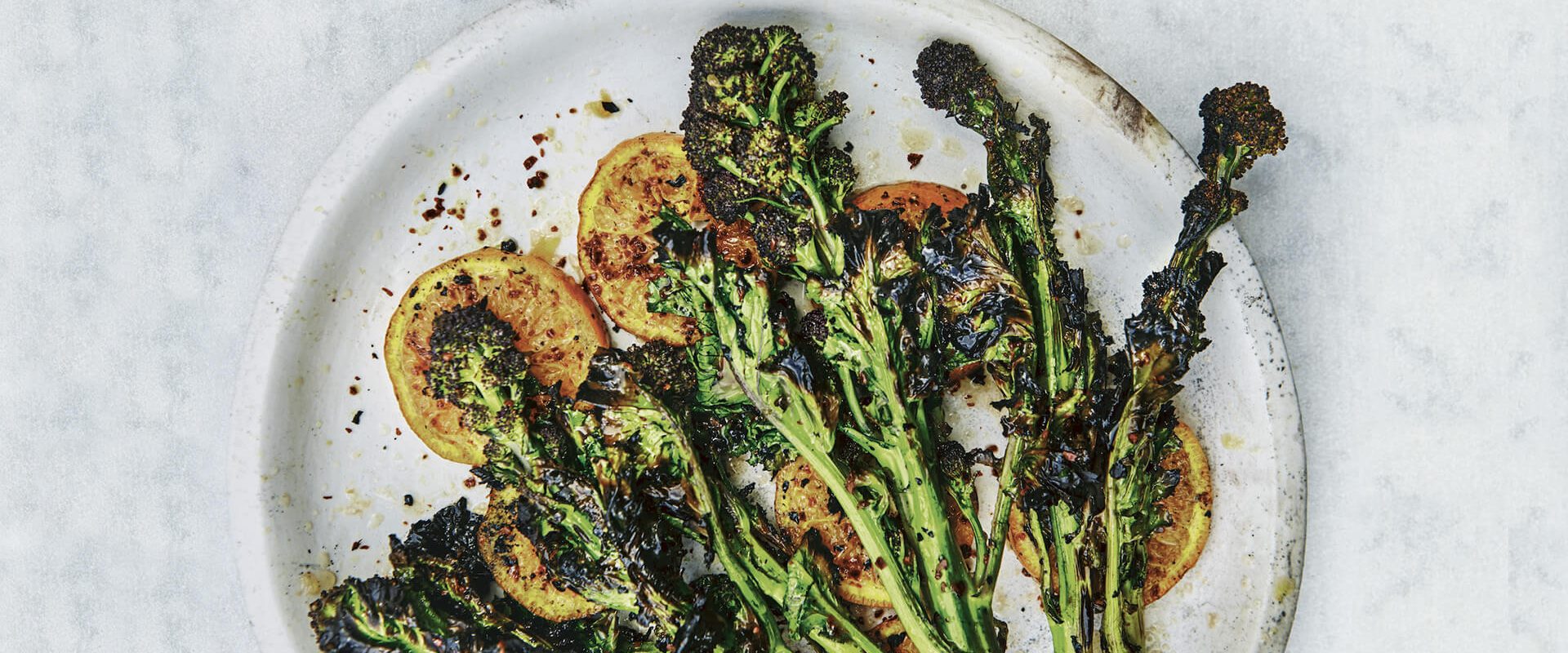 Chargrilled purple sprouting broccoli and clementines